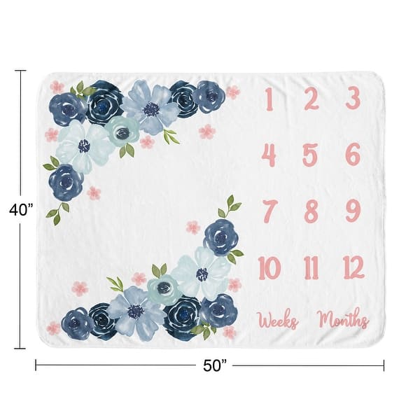 Watercolor Floral Collection Girl Baby Monthly Milestone Blanket - Navy Blue and Blush Pink Boho Shabby Chic Rose Flower