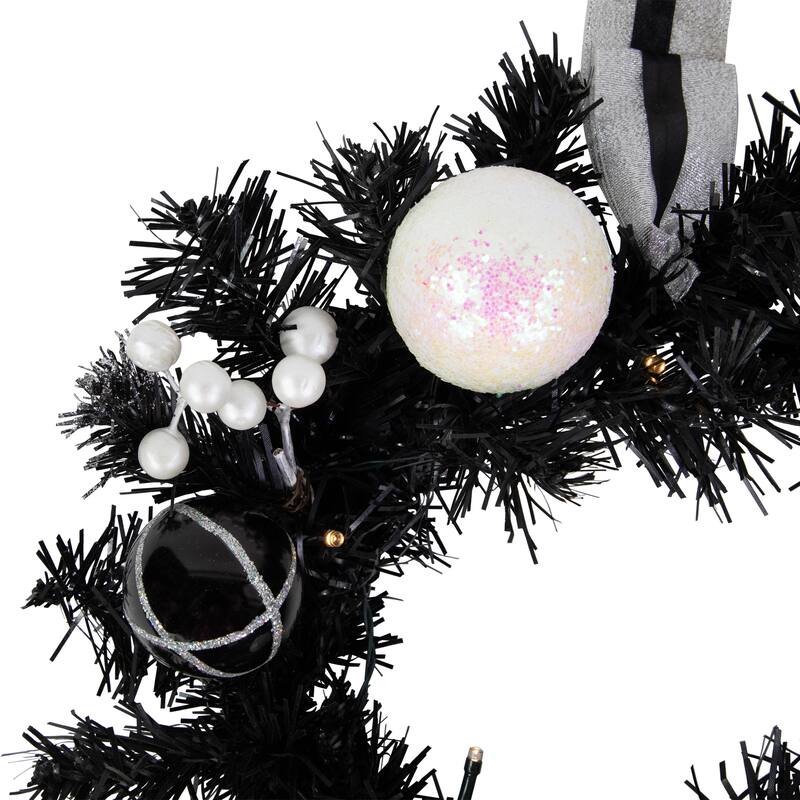 16" Decorated Black Pine Artificial Christmas Wreath Cool White LED