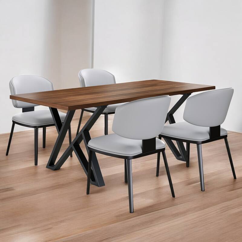 5-Piece Modern Faux Leather and Metal Dining Set, Sturdy Dining Table with 4 Chairs, Elegant Design for Dining Room or Kitchen - Black,Gray,Walnut