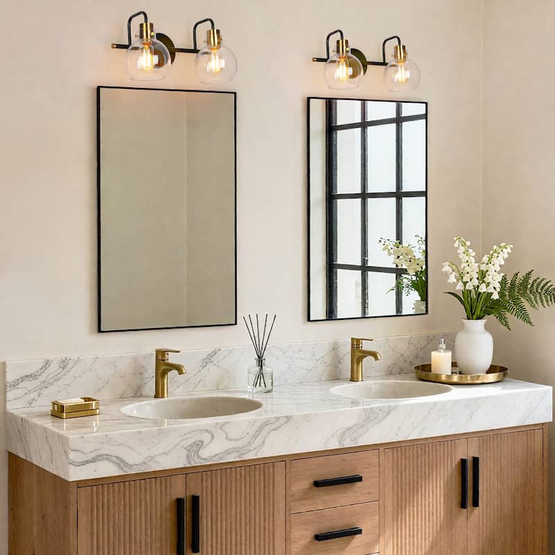 Modern 2-Light Black Gold Bathroom Vanity Light Wall Sconce with Clear Glass - 14.5" L x 8" W x 8.5" H