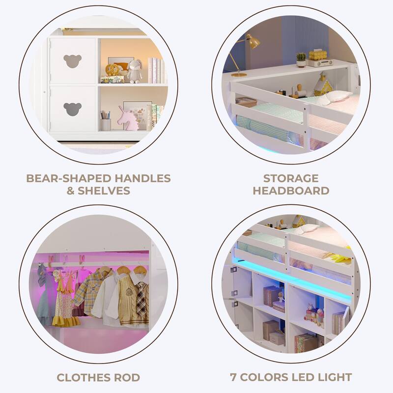 Twin Low Loft Bed with Storage Headboard, Shelves, Stair Drawers & LED Lights, Space-Saving Kids Wooden Loft Frame