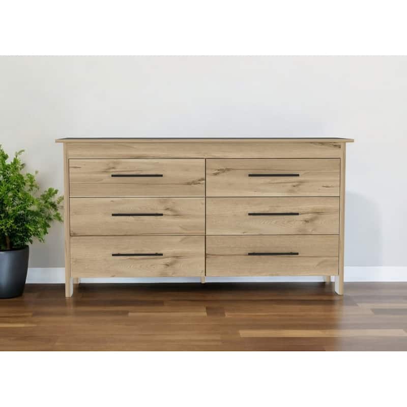HomeRoots 59" Natural and Black Six Drawer Double Dresser - 6-drawer