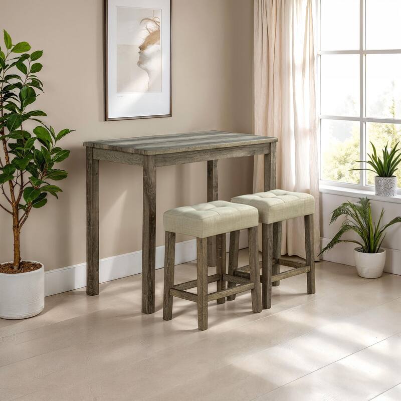 3PC Transitional Brown Finish Dining Set Table and Tufted Stools - 3-Piece Set