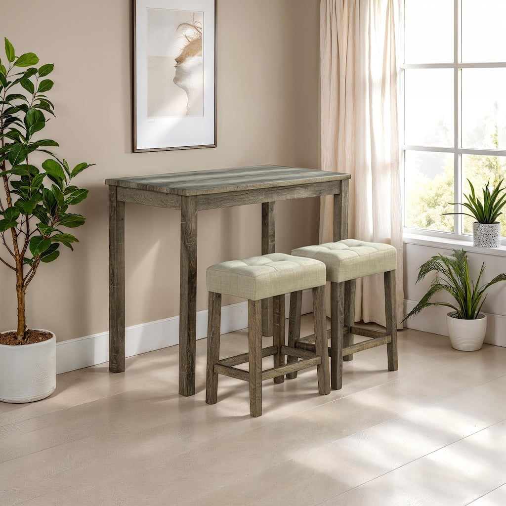 3PC Transitional Brown Finish Dining Set Table and Tufted Stools - 3-Piece Set