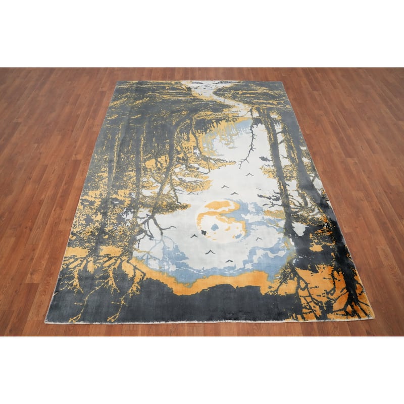 Hand Knotted Oriental Viscose Silk Carpet Modern Pictorial Multi-Colored Abstract Area Rug - 7' 10'' X 5' 8''
