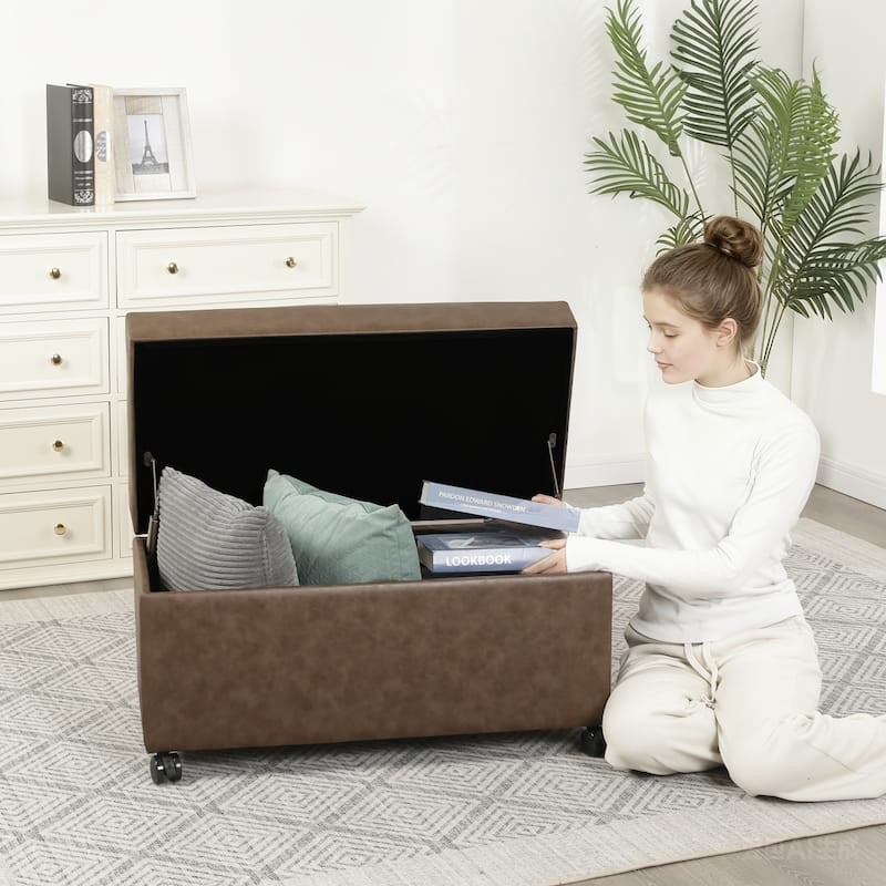 Adeco Faux Leather Storage Ottoman for Living Room