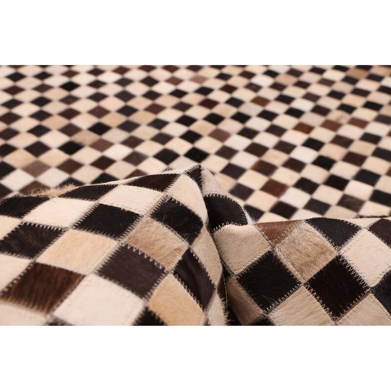 ECARPETGALLERY Handmade Cowhide Patchwork Dark Brown Leather Rug - 6'2 x 6'2