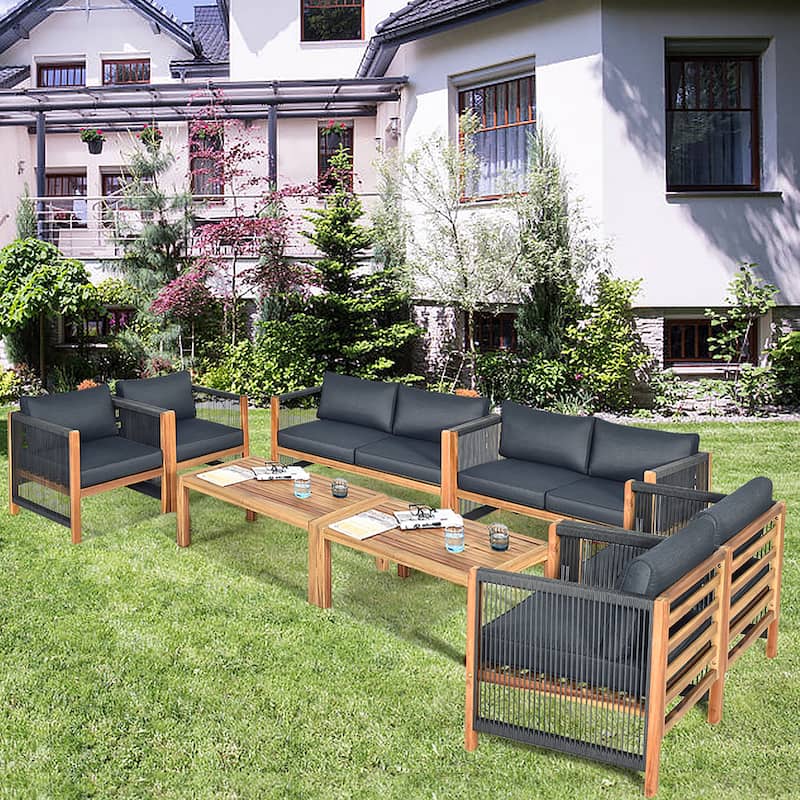 Costway 8PCS Wooden Patio Furniture Set Cushioned Sofa W/Rope Armrest - Grey - 8-Piece Sets