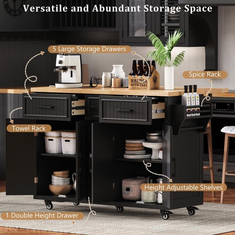 56.5" Kitchen Island with Drop Leaf and Charging Station, Rolling Kitchen Cart on Wheels with Drawers and Adjustable Shelves
