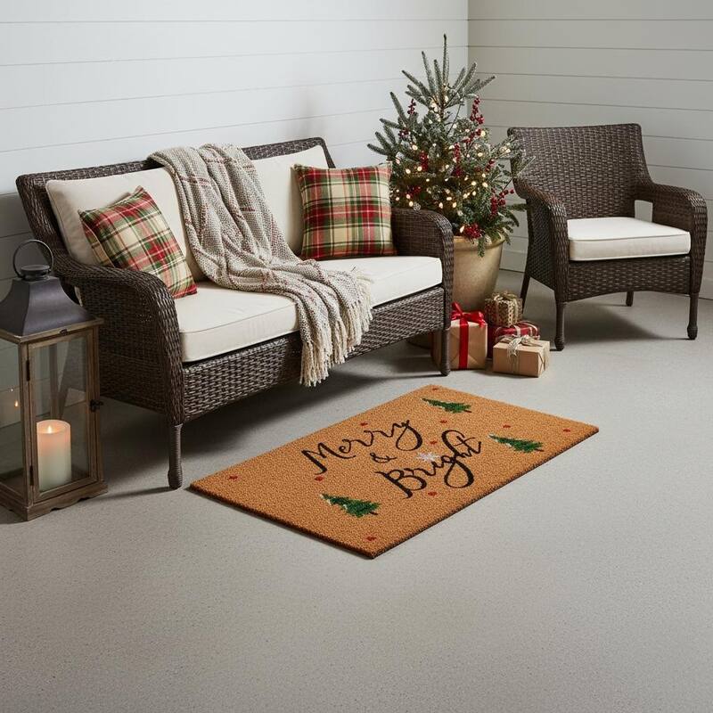 HomeRoots 36" X 72" Brown Black And Green Christmas Merry and Bright Outdoor Coir Door Mat - 36.00' X '72.00 - 36.00' X '72.00