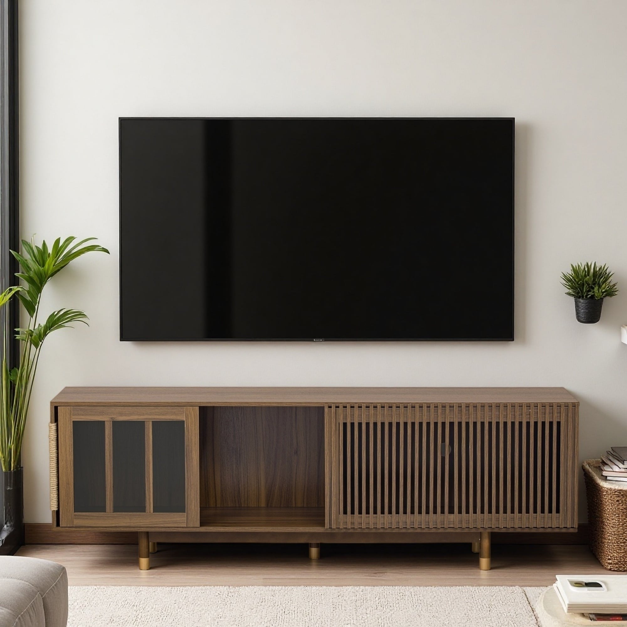 74" Pet-Friendly TV Stand for Cats, Mid-Century Entertainment Center with Glass Sliding Door, Scratch Board, Flip-Down Front