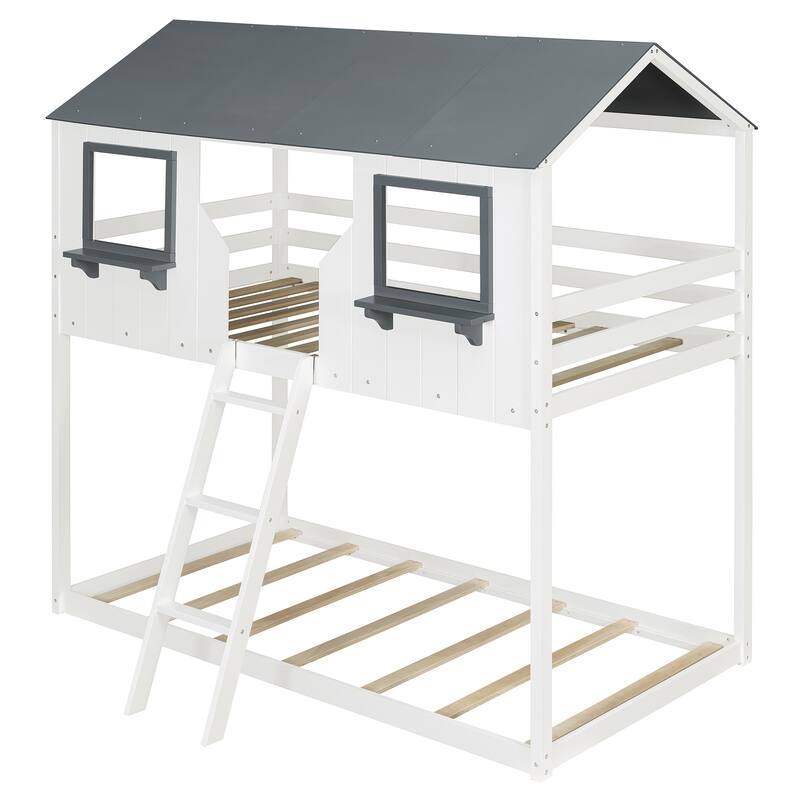 Roomfitters Twin Over Twin House Bunk Bed with Roof and Window, White