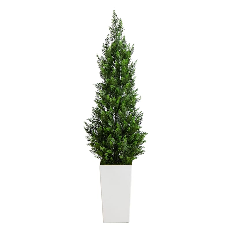 4-ft UV Resistant Artificial Cedar Tree in White Tower Planter