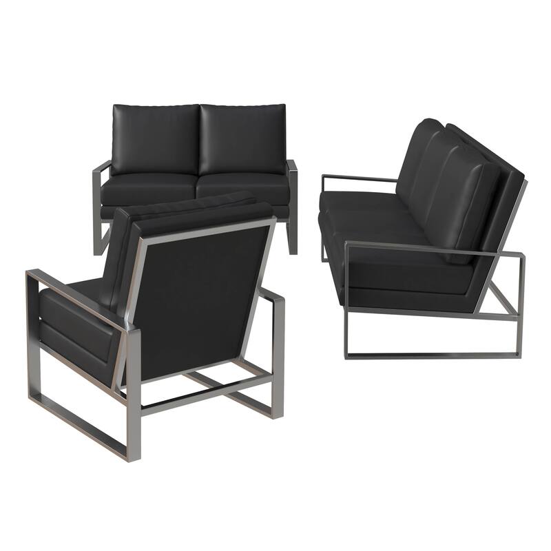 3-Piece Leather Sofa Set Brushed Stainless Steel Base and Removable Cushions