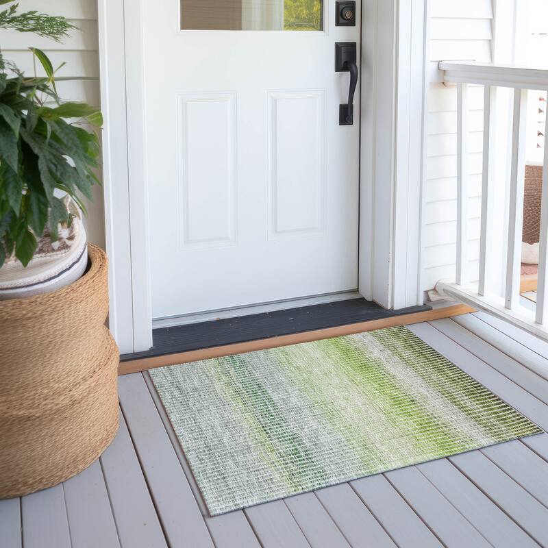 Machine Washable Indoor/ Outdoor Contemporary Stripes Chantille Rug - Olive - 1'8" x 2'6"
