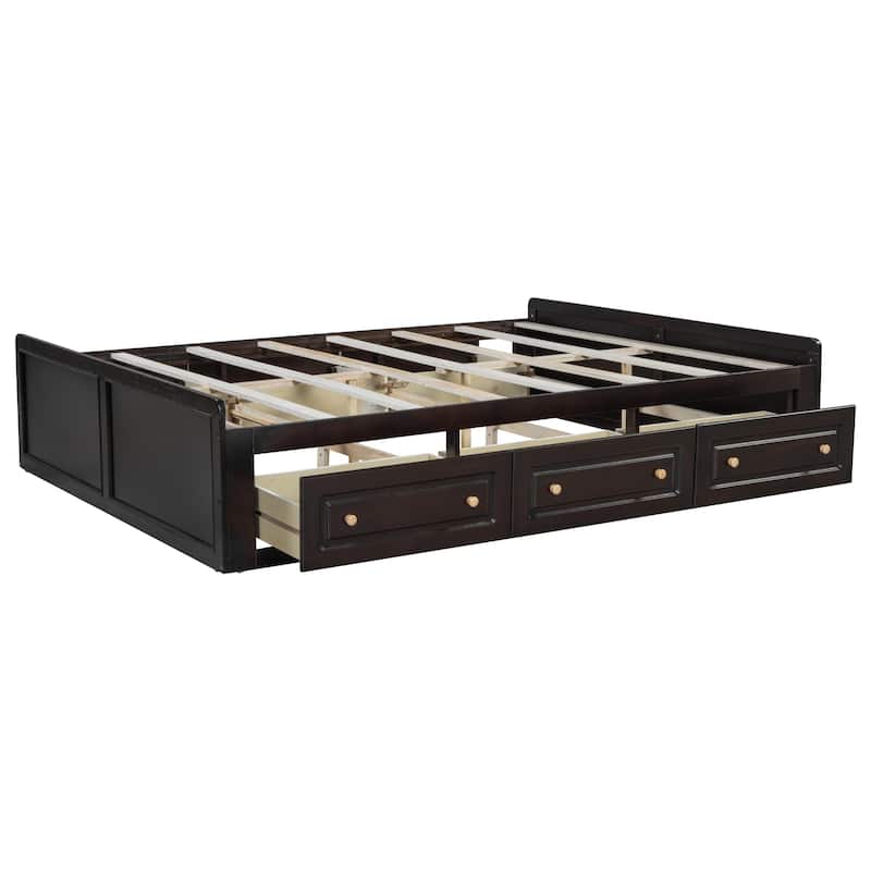 Queen Size Wooden Platform Bed Frame with 6 Drawers, Low Profile Storage Bed