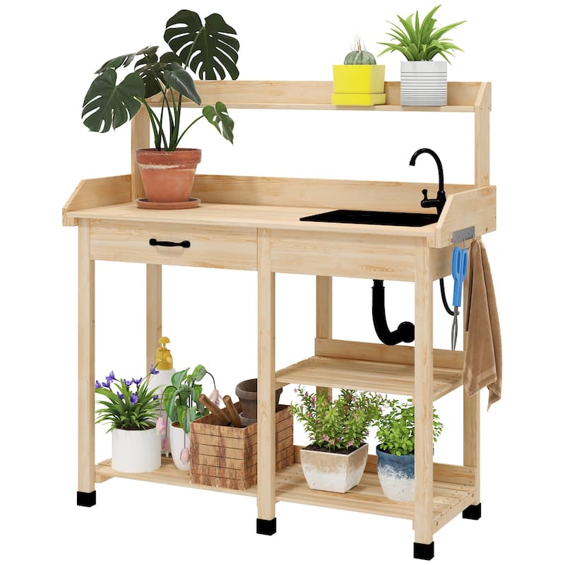 Outsunny Potting Bench Table, Includes Removable Outdoor Sink Station with Hose Hook Up, Wooden Work Station