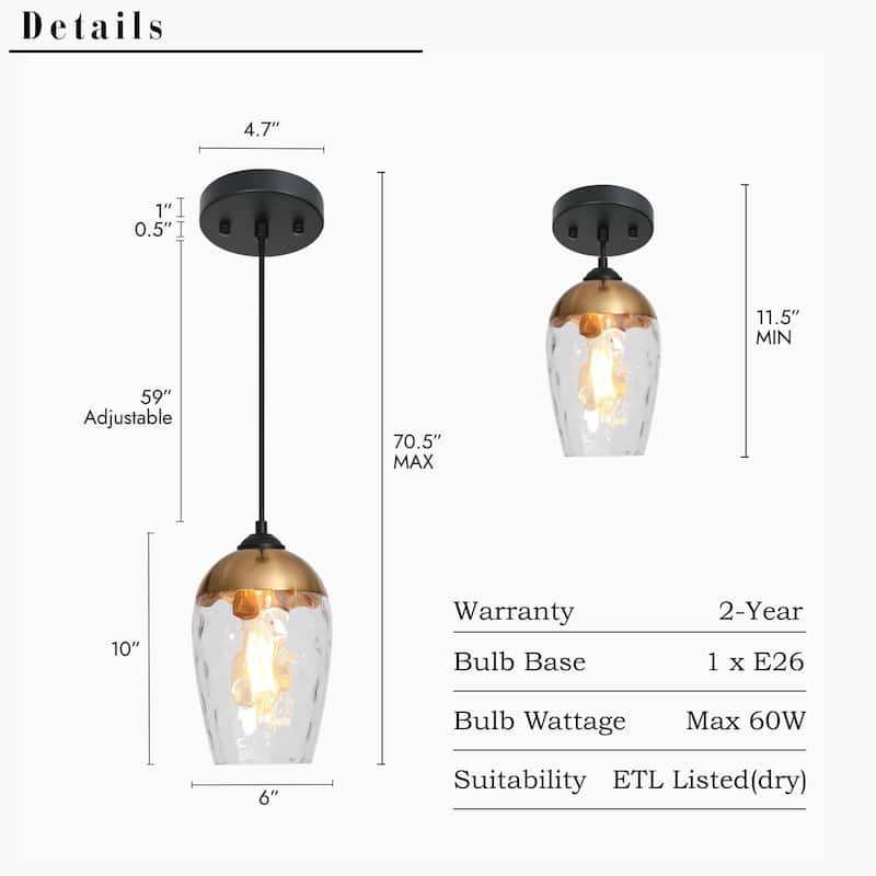 Ottilie Modern 1-Light Black Gold Hammered Glass Pendant Lights for Kitchen Island - 6"D x 10"H