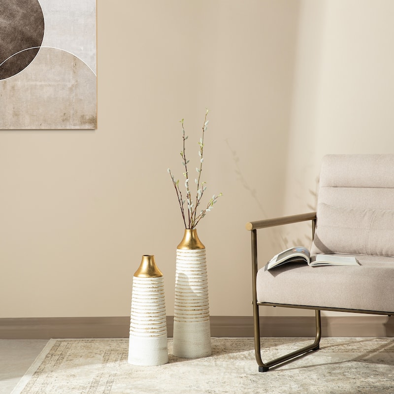 Glitzhome Set of 2 Modern White and Gold Metal Floor Vases
