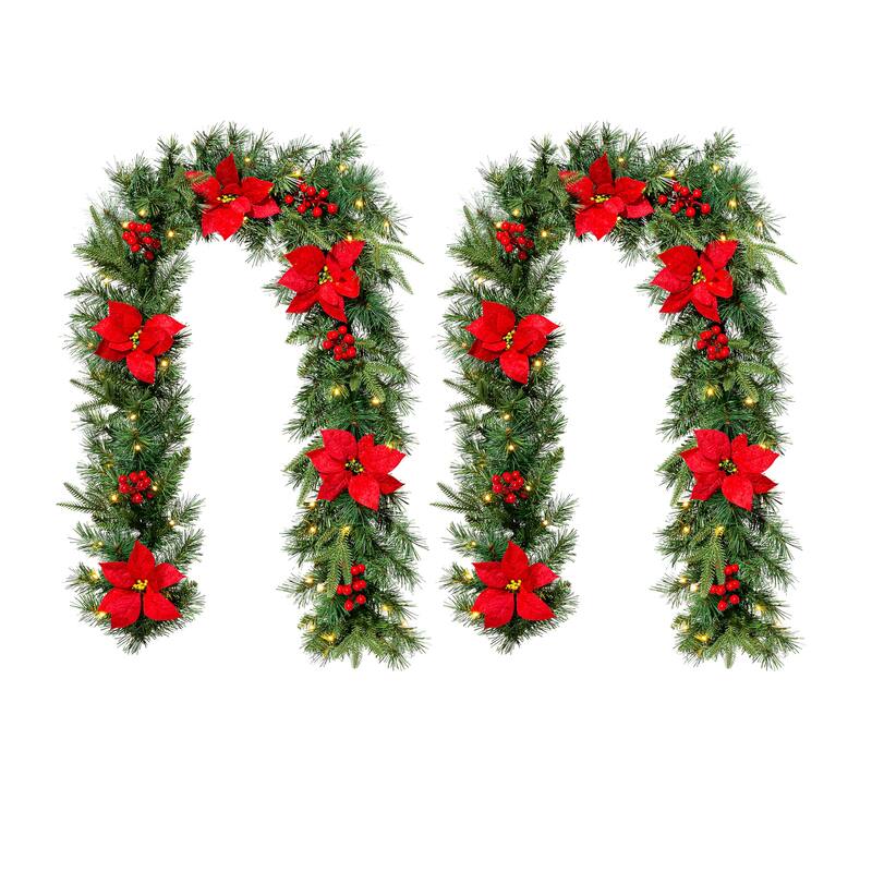 Glitzhome Set of 2/4 6ft Pre-Lit Flocked Greenery Pine White Poinsettia Christmas Garland - Red *2
