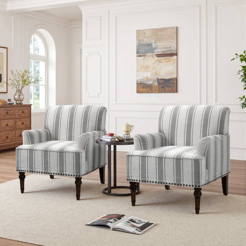 Set 2 Striped Upholstered Linen Armchair with Brass Nailhead Trim