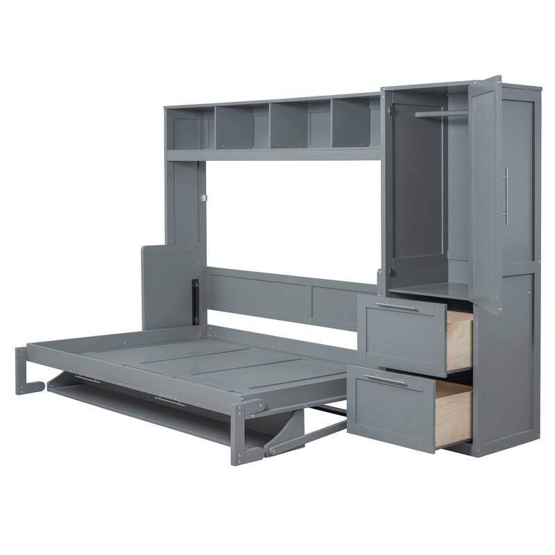 Full Size Wood Murphy Bed with Shelves,Wall Bed with Closet and Drawers