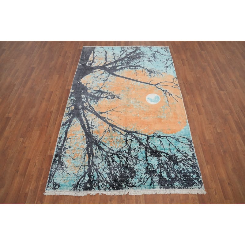 Hand Knotted Oriental Viscose Silk Carpet Modern Pictorial Multi-Colored Abstract Area Rug - 7' 11'' X 5' 0''