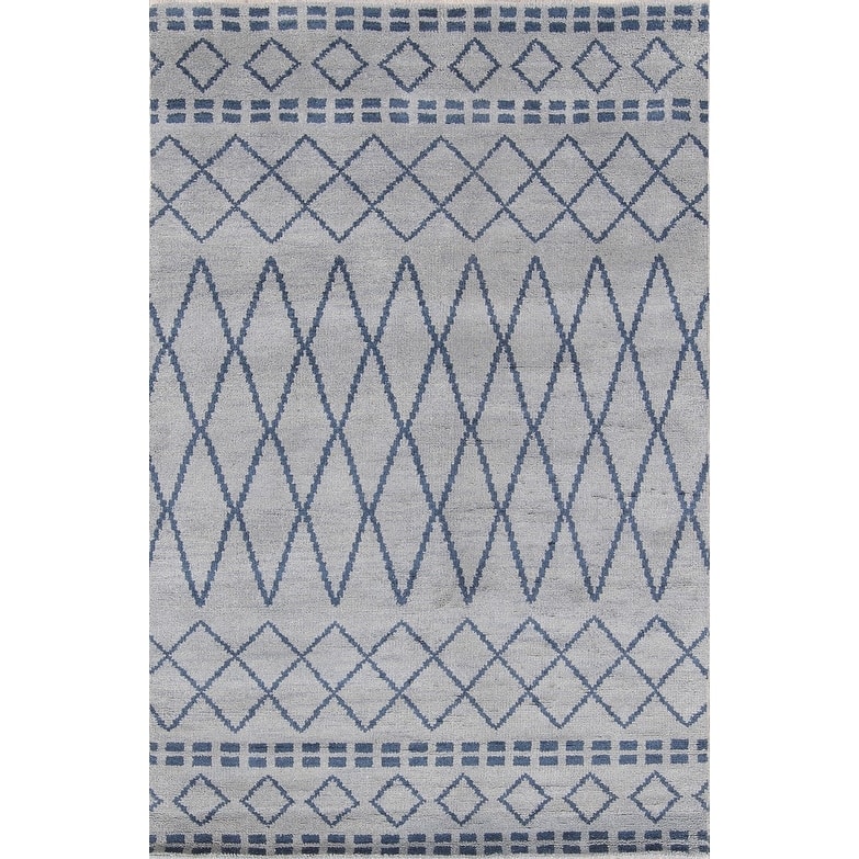 Hand Knotted Oriental 100% Wool Carpet Modern Geometric Greys & Charcoal Moroccan Area Rug - 7' 8'' X 5' 1''
