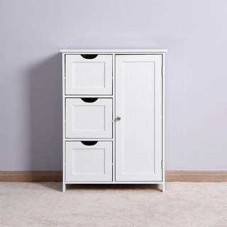 White Bathroom Floor Cabinet with 3 Drawers and Adjustable Shelf - Bed ...