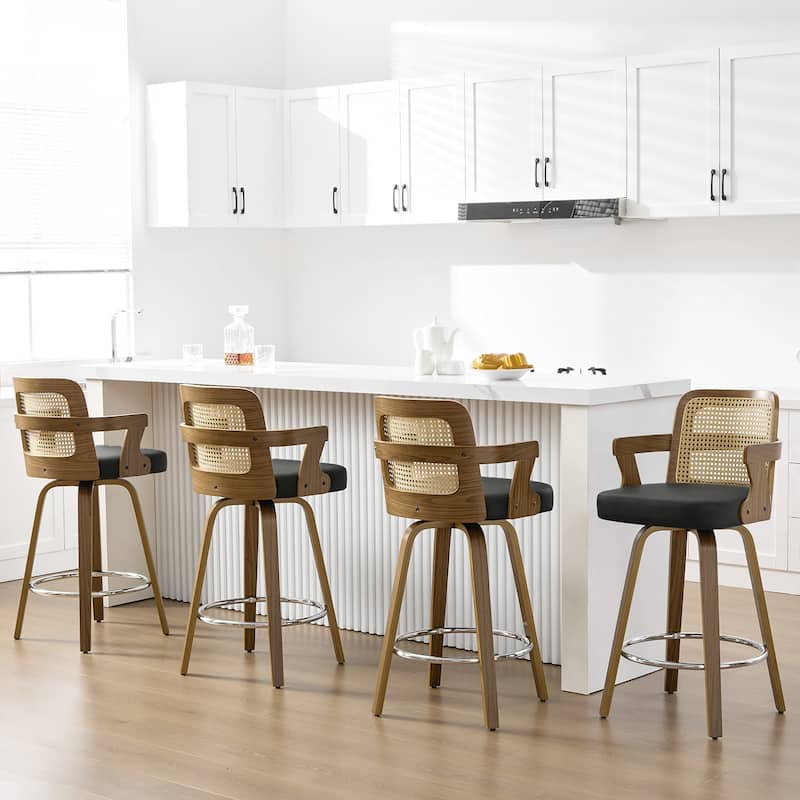 Upholstered Swivel Barstool with Arms and Bentwood Legs - 40.8"H x 18.9"W x 19.5"D/19.3"D