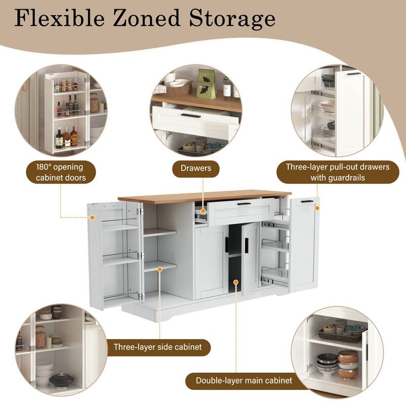 53.7" Kitchen Island Storage with 3-Tier Pull-Out Rack and Adjustable Shelves for Kitchen, Dining Room