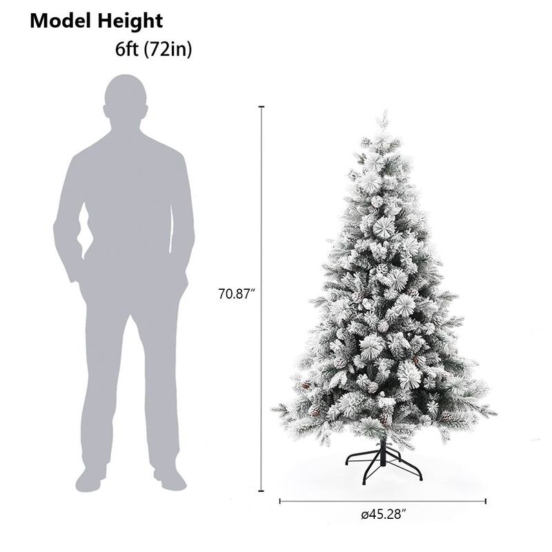 6Ft Artificial Flocked Full Pine Christmas Tree with Pine Cones - 70.87" H x 45.28" Diameter