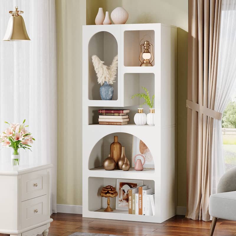 70” White Arched Wood Bookshelf with 5 Geometric Storage Shelves