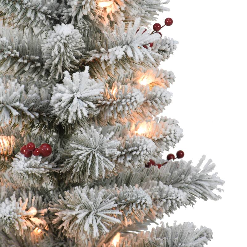 Puleo International Set of 2 5 ft. Pre-Lit Potted Flocked Western Spruce Trees