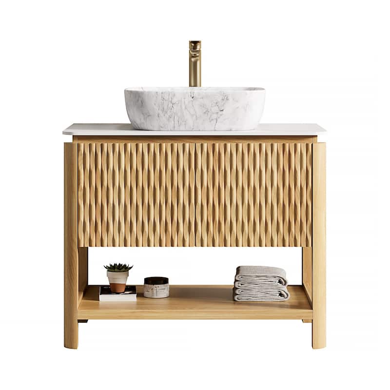 Freestanding Bathroom Vanity in Natural Wood with Carrara White Sintered Stone Top and Vessel Ceramic Basin