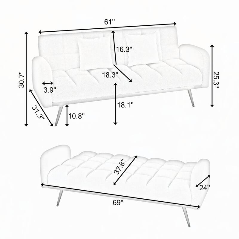 69 Inch Sofa Bed Pink with Adjustable Teddy Sofa