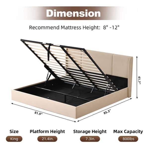 dimension image slide 14 of 17, Modern Minimalist Upholstered Storage Bed with Lift-Up Platform