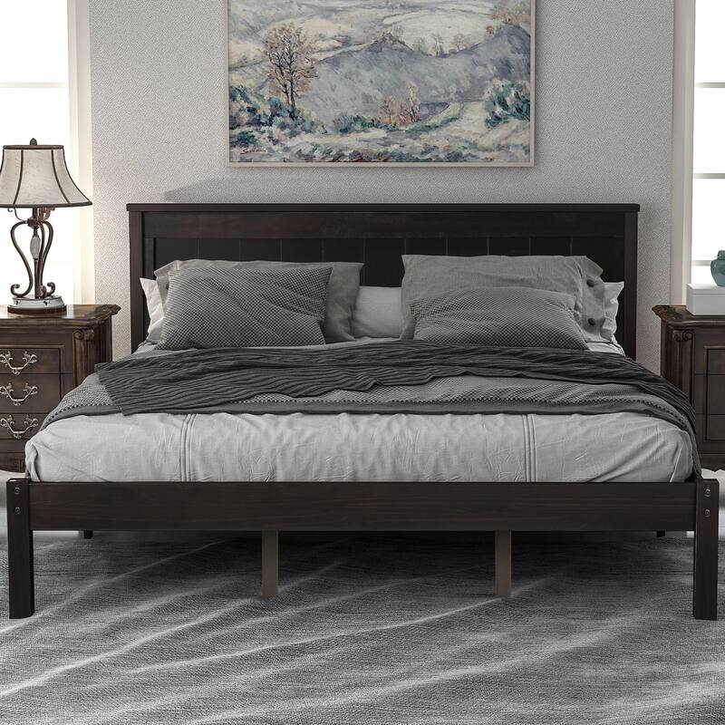 Queen Espresso Platform Bed Frame with Headboard, Wood Slat Support, No Box Spring Needed