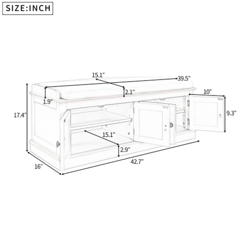 Storage Shoes Bench with 4 Doors and Adjustable Shelves, Removable Cushion