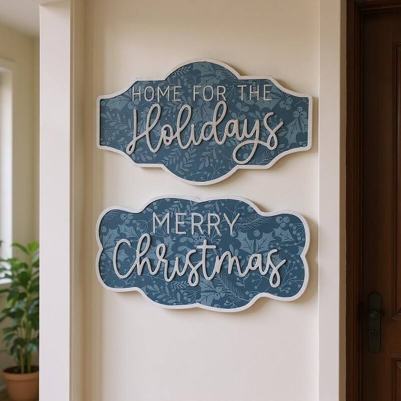 HomeRoots Set of Two Blue And White Christmas Home For The Holidays Wood Wall Decor - White/Blue - 18.00 in. x 9.50 in.  x 0.50 in.