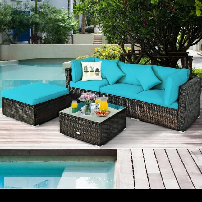 5 Pcs Outdoor Patio Rattan Furniture Set Sectional Conversation with Cushions - 29.5'' x 29.5'' x 25.5'' (L x W xH)