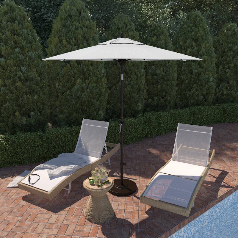 California Umbrella 7.5' Round Crank Lift Push Button Tilt Bronze Aluminum Patio Umbrella with Olefin Royal Blue Fabric - White