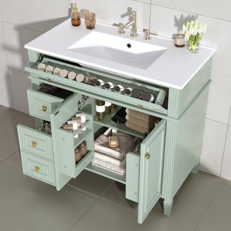 36" Freestanding Bathroom Vanity with Sink, Solid Wood Frame, 3 Drawers & 2 Soft-Close Doors, Gold Handles