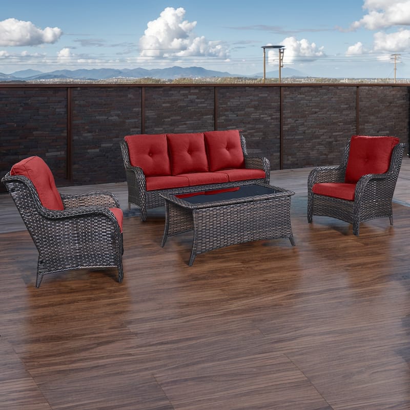 Pocassy 4-Piece Outdoor Sofa Patio Chair with Coffee Table - Brown/Red