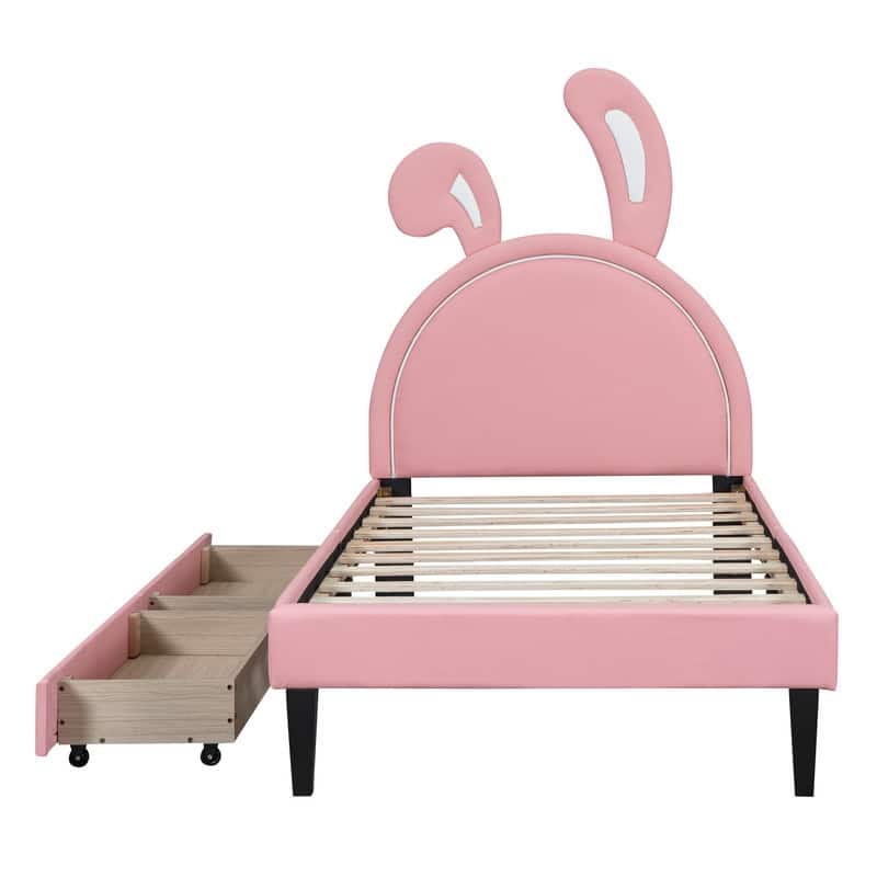 Twin Size Upholstered Leather Platform Bed with Rabbit Ornament and 2 ...