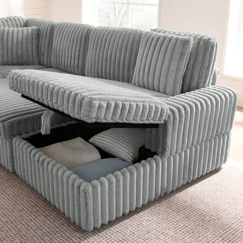114” Modern Corduroy Striped U-shaped Combination Sofa with Pull-out Bed and Storage Chaise