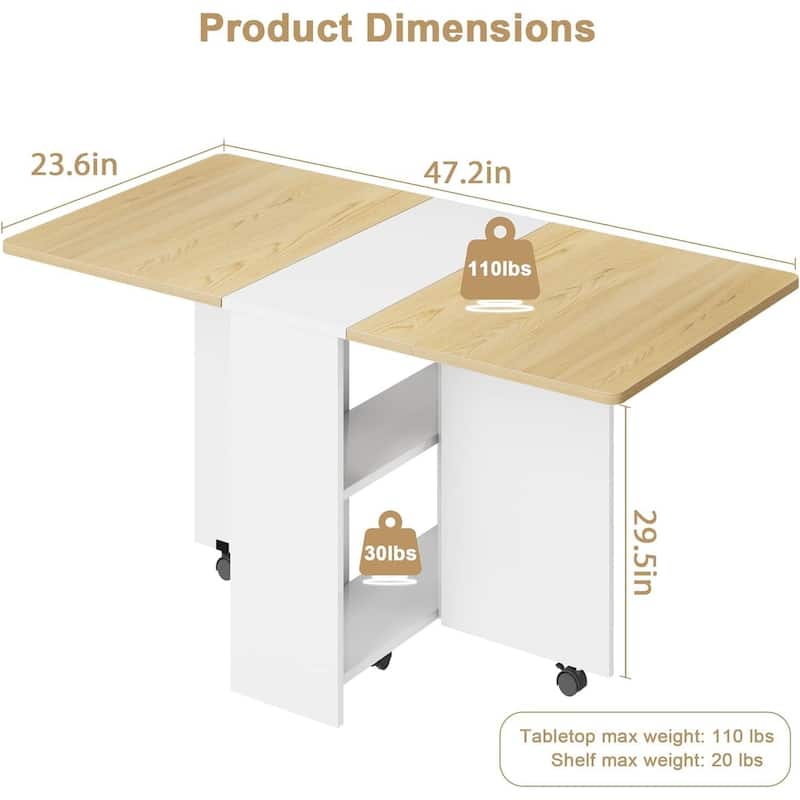 Folding Dining Table, Space Saving Farmhouse Dining Table for 4 Storage Shelf, 6 Wheels Multipose Expandable Kitchen