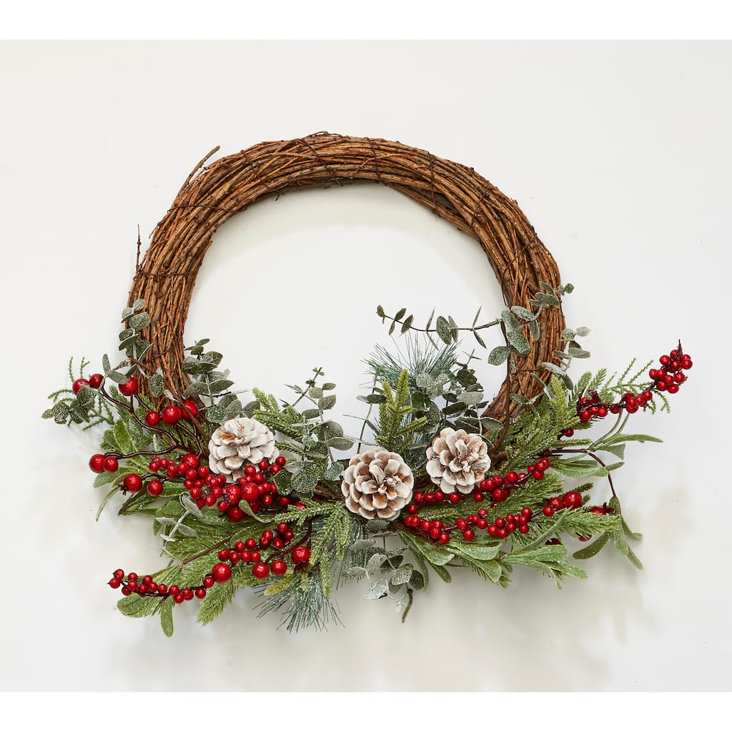 20" Pine Needle, Pine Cones, Red Berries Half Wreath - Multicolor
