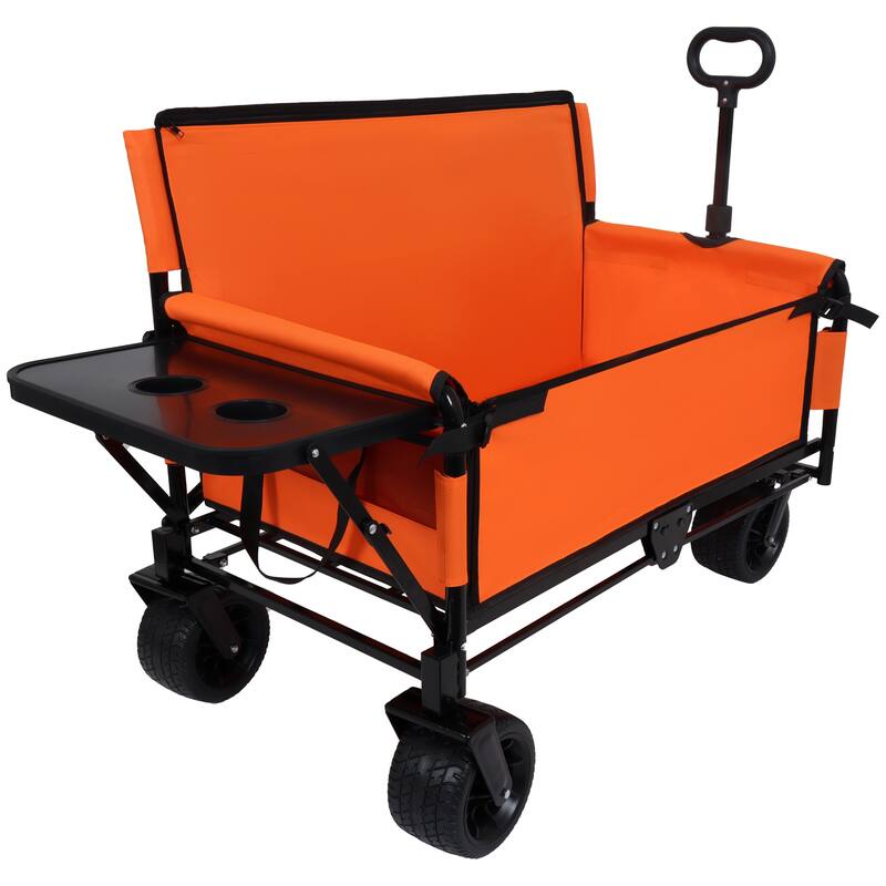 3-in-1 Convertible Folding Wagon Cart with Bench Seat & Rear-Mounted Folding Tabletop,180L Capacity All-Terrain Wheels - Orange