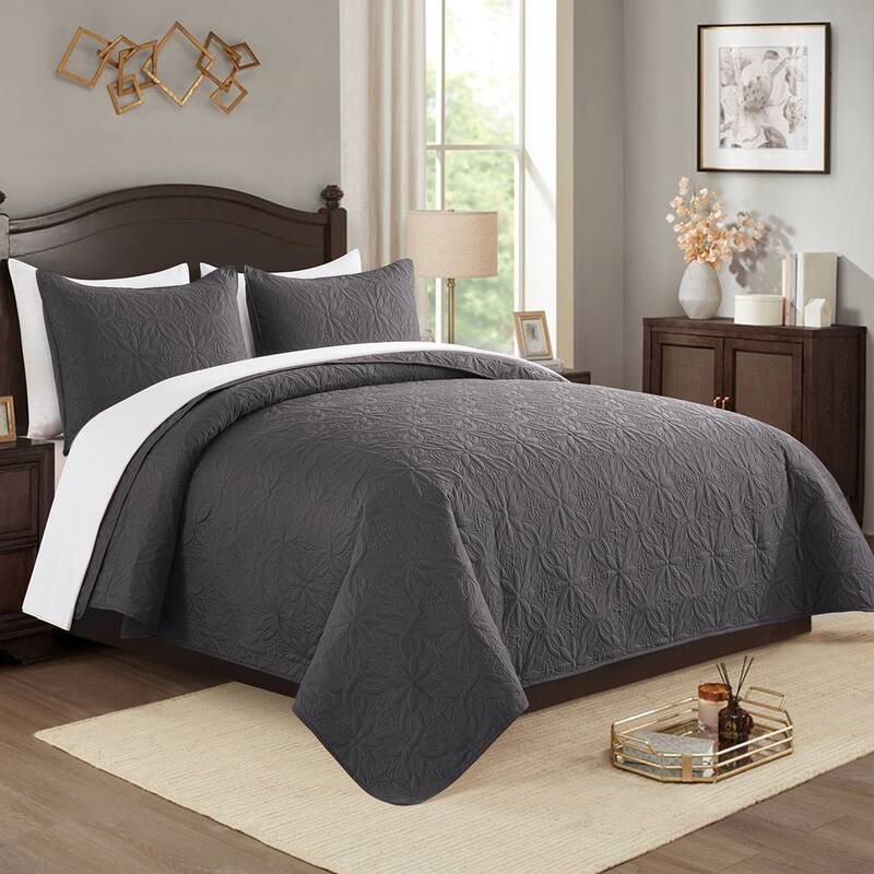 Ultrasonic Flower Bedspread Coverlet Set,Summer Quilt - Dark Gray - Queen